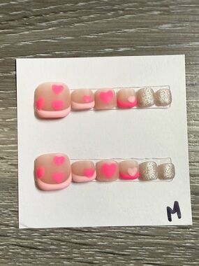 Pink Heart Matte Press-On Toe Nails with Glitter Accent